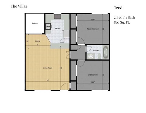 Floor plan for 2 beds, 1 bath, 850 sqft